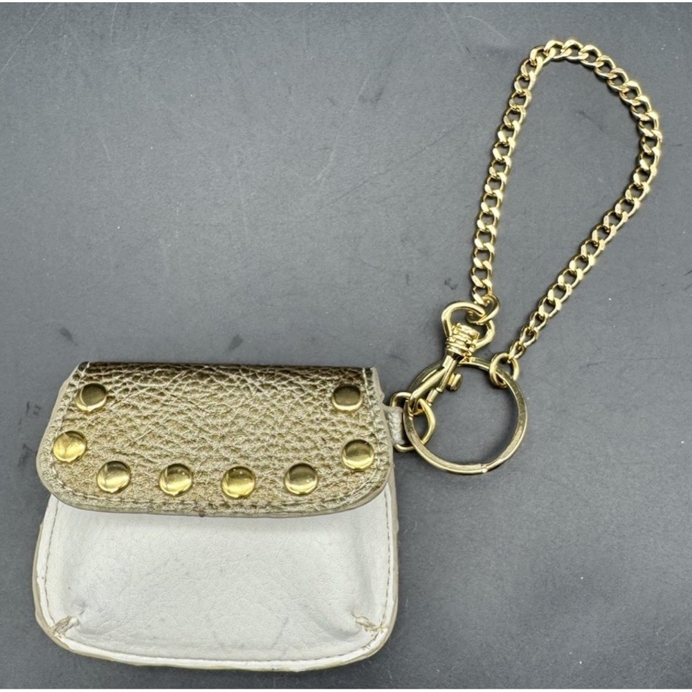 Kathy Van Zeeland Leather Coin Purse Keychain Studded Gold Y2K